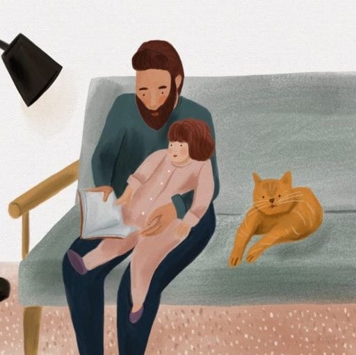 dad kid cat sitting on couch and reading a book